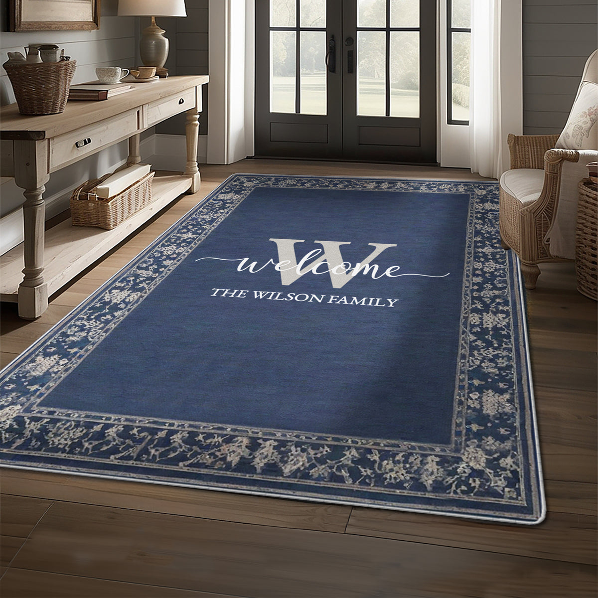 Custom welcome rug for entryway - Navy Floral Rug