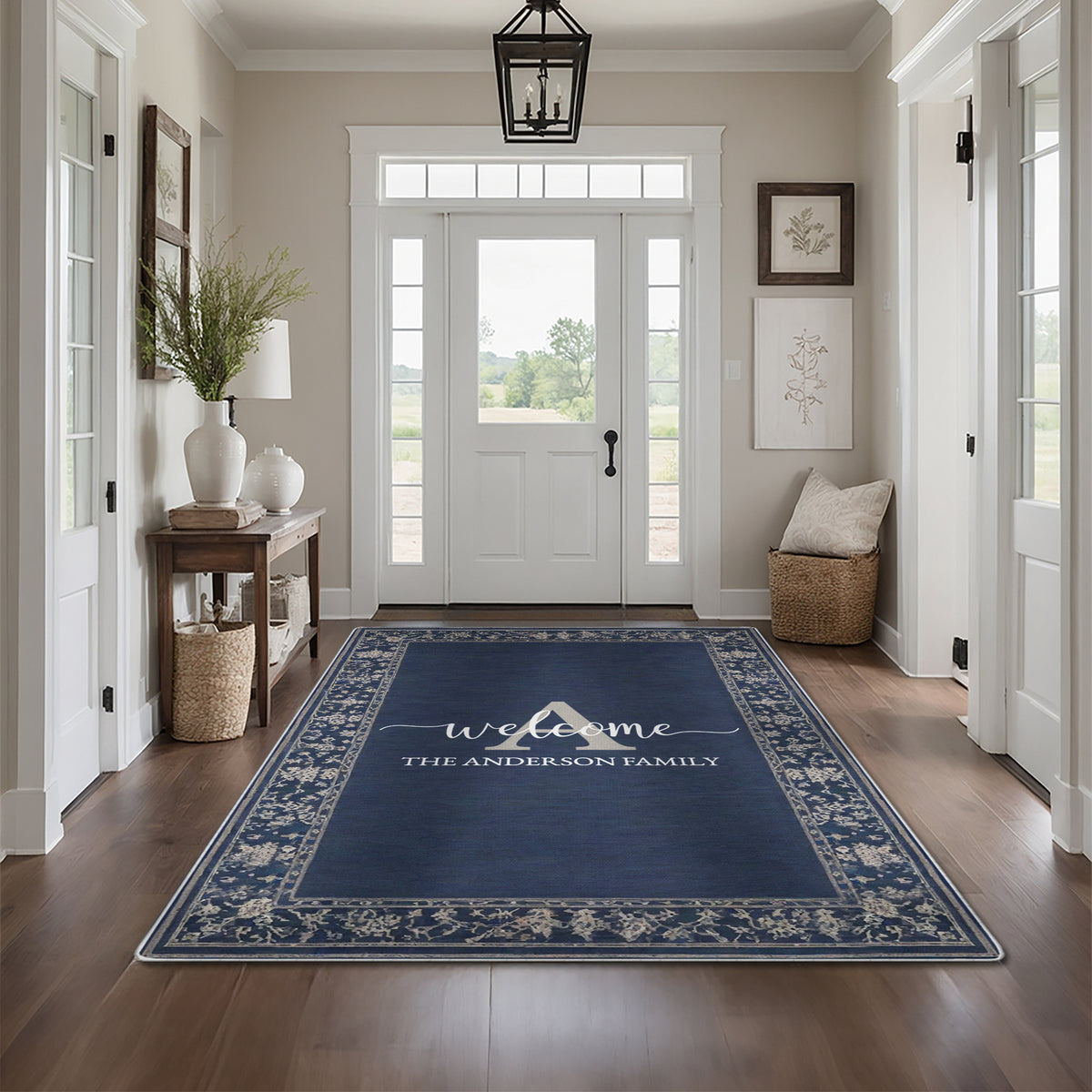 Washable entryway rug with personalized text - Navy Floral Rug