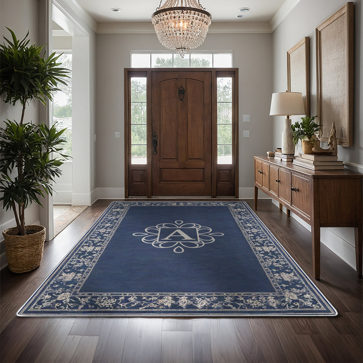 Custom floor rug for entryway decor -Navy Floral Rug