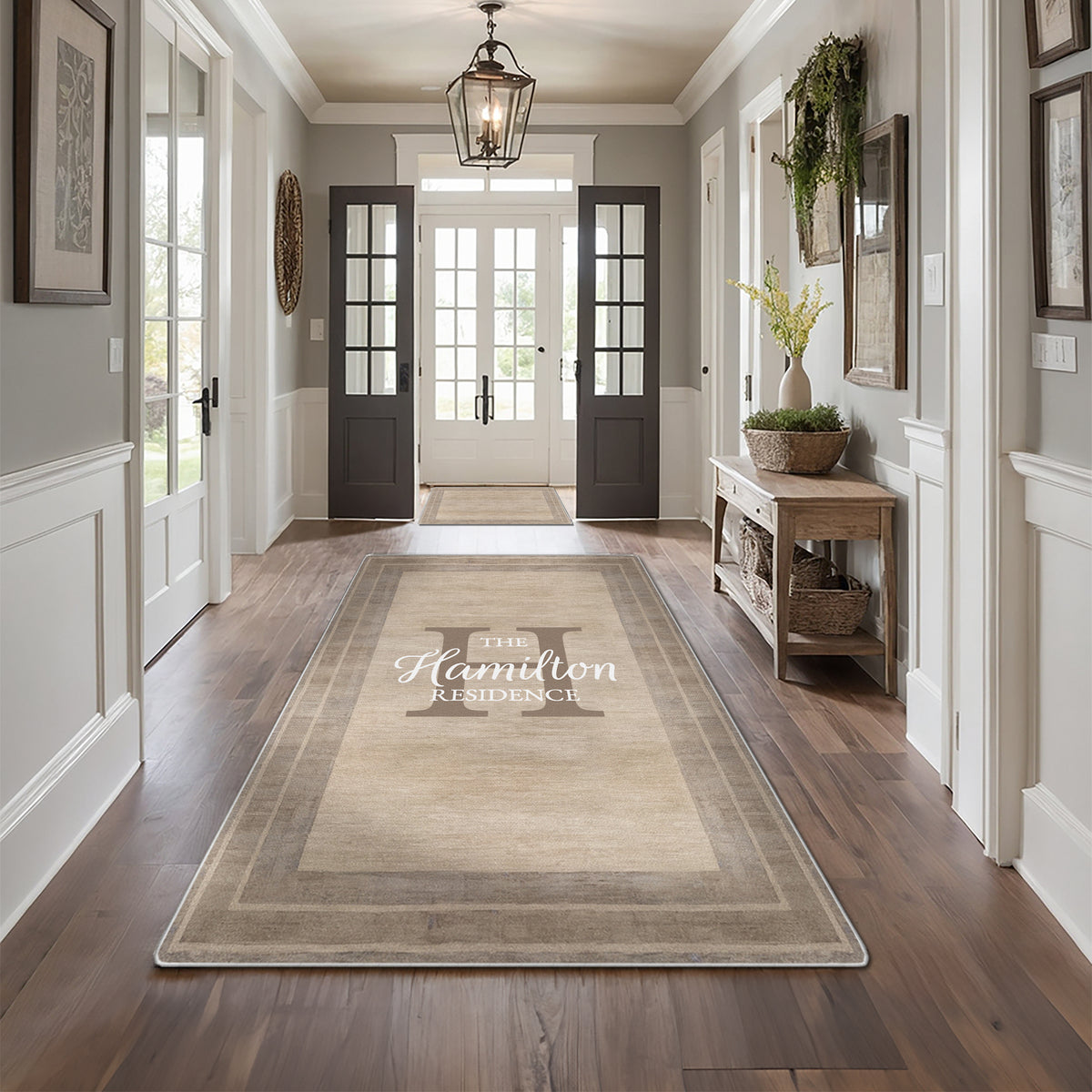 Personalized foyer rug with family name - Earthy Taupe Rug